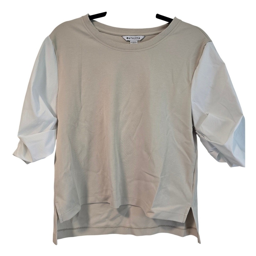 NWOT Athleta Mixed Media Puff Sleeve Top Beige White XS Relaxed Fit High-Low Hem